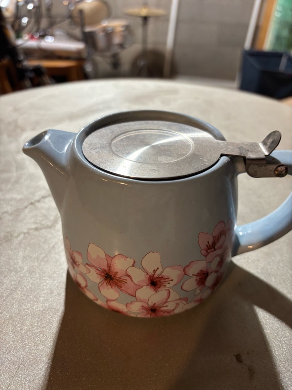 Floral Ceramic Teapot with Stainless Lid - Light Blue & Pink